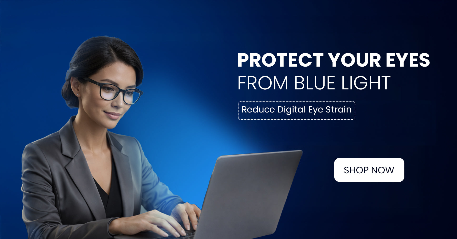 Woman using a laptop with text promoting blue light protection on a dark blue background