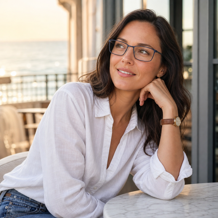 Range Rover RR3026M eyeglasses on female model — editorial lifestyle