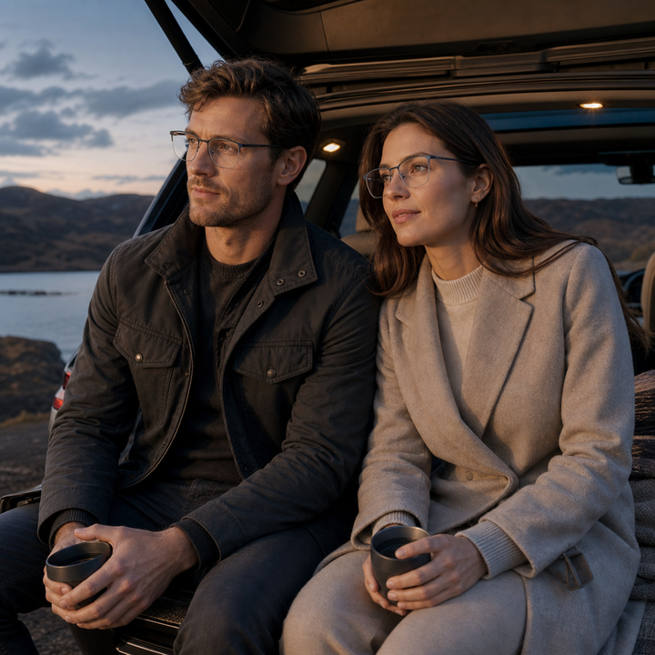 Range Rover RR3027M eyeglasses on couple model — editorial lifestyle