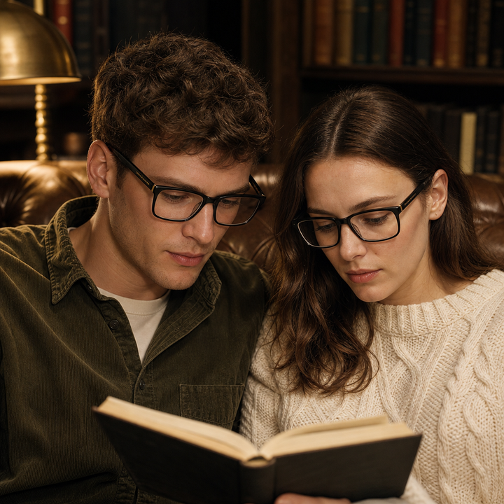 Range Rover RR3033A eyeglasses on couple model — editorial lifestyle