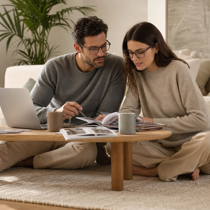 Range Rover RR3036A eyeglasses on couple model — editorial lifestyle