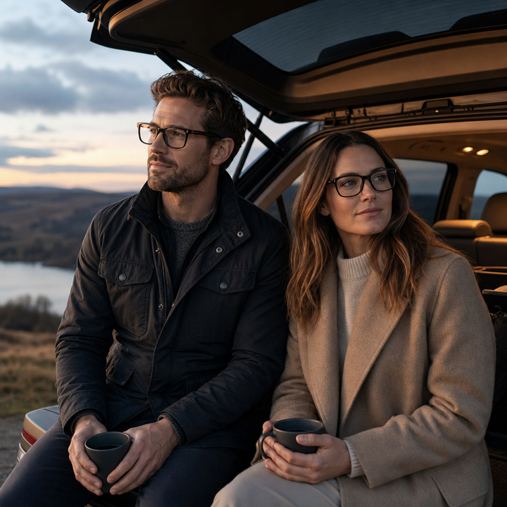 Range Rover RR3038 eyeglasses on couple model — editorial lifestyle