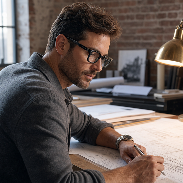 Range Rover RR3047A eyeglasses on male model — editorial lifestyle