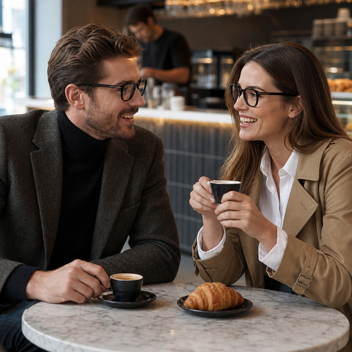 Range Rover RR3049A eyeglasses on couple model — editorial lifestyle