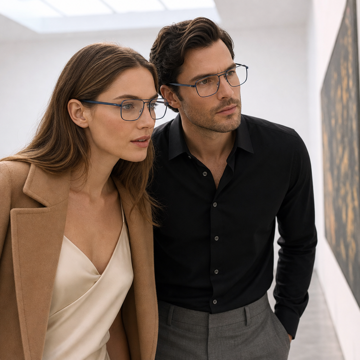Range Rover RR3050M eyeglasses on couple model — editorial lifestyle