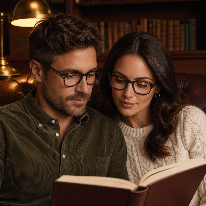 Range Rover RR3056A eyeglasses on couple model — editorial lifestyle