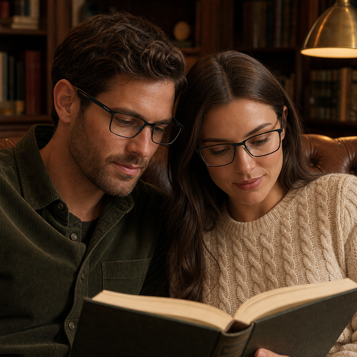 Range Rover RR3059M eyeglasses on couple model — editorial lifestyle