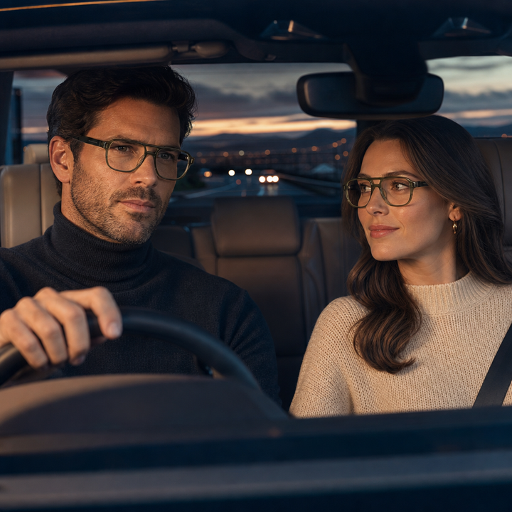 Range Rover RR3063A eyeglasses on couple model — editorial lifestyle