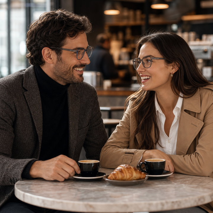 Range Rover RR3065M eyeglasses on couple model — editorial lifestyle
