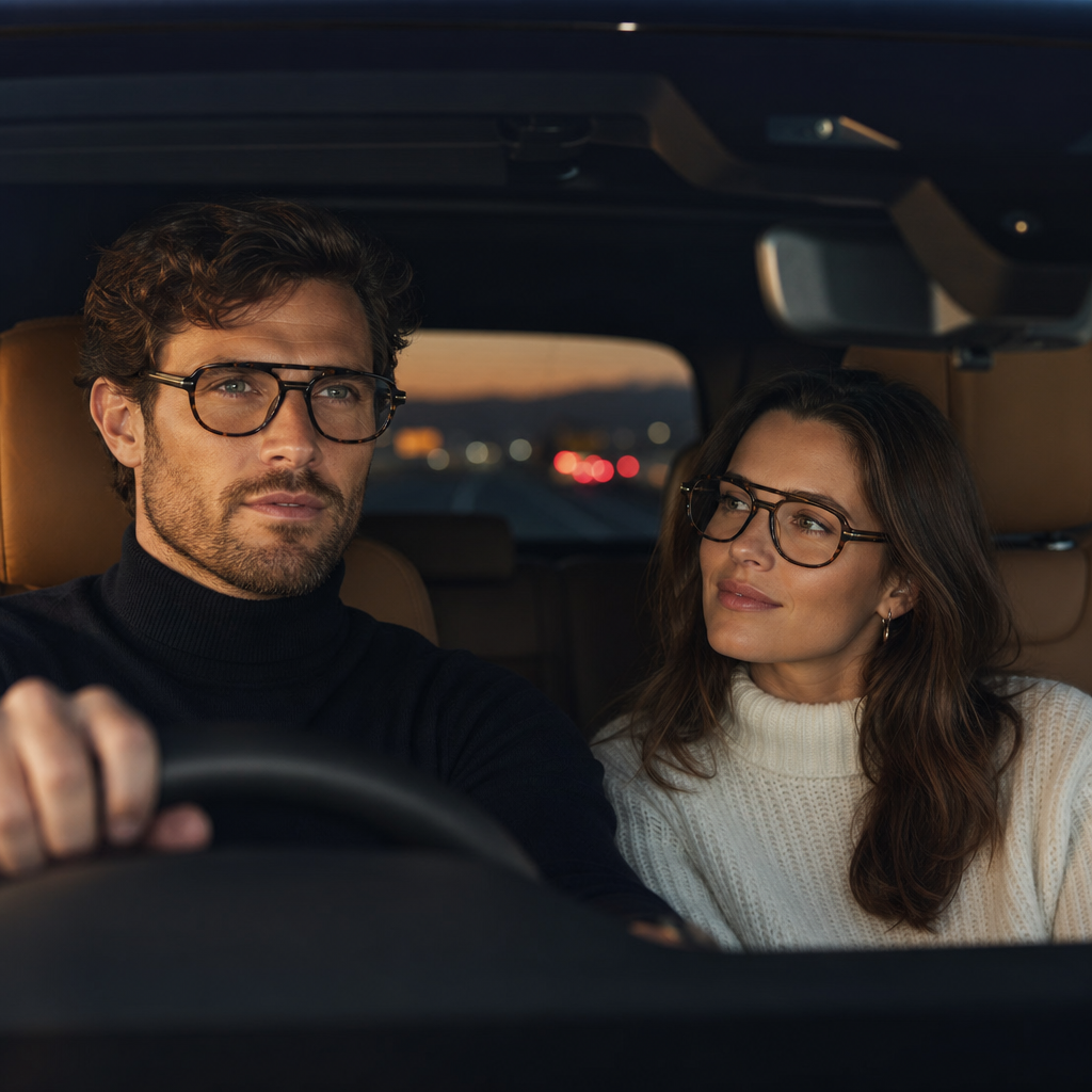 Range Rover RR3072A eyeglasses on couple model — editorial lifestyle
