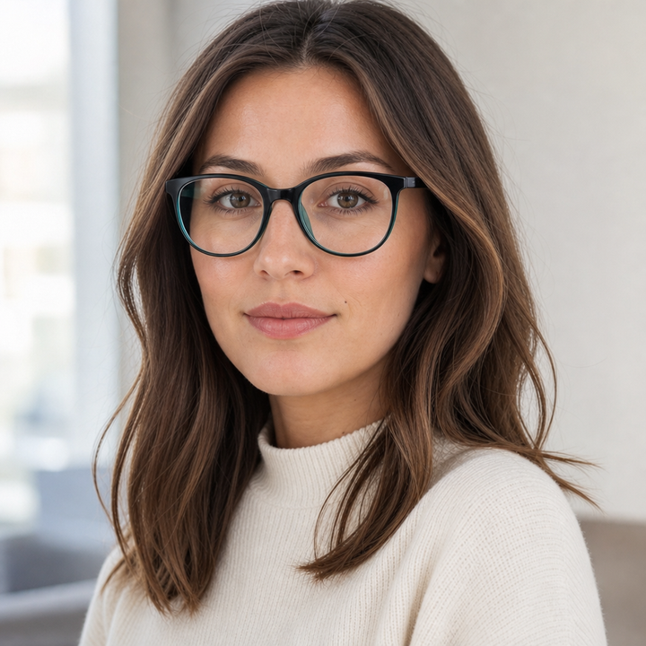 Brooksfield BR264 round acetate eyeglasses on female model - natural daylight