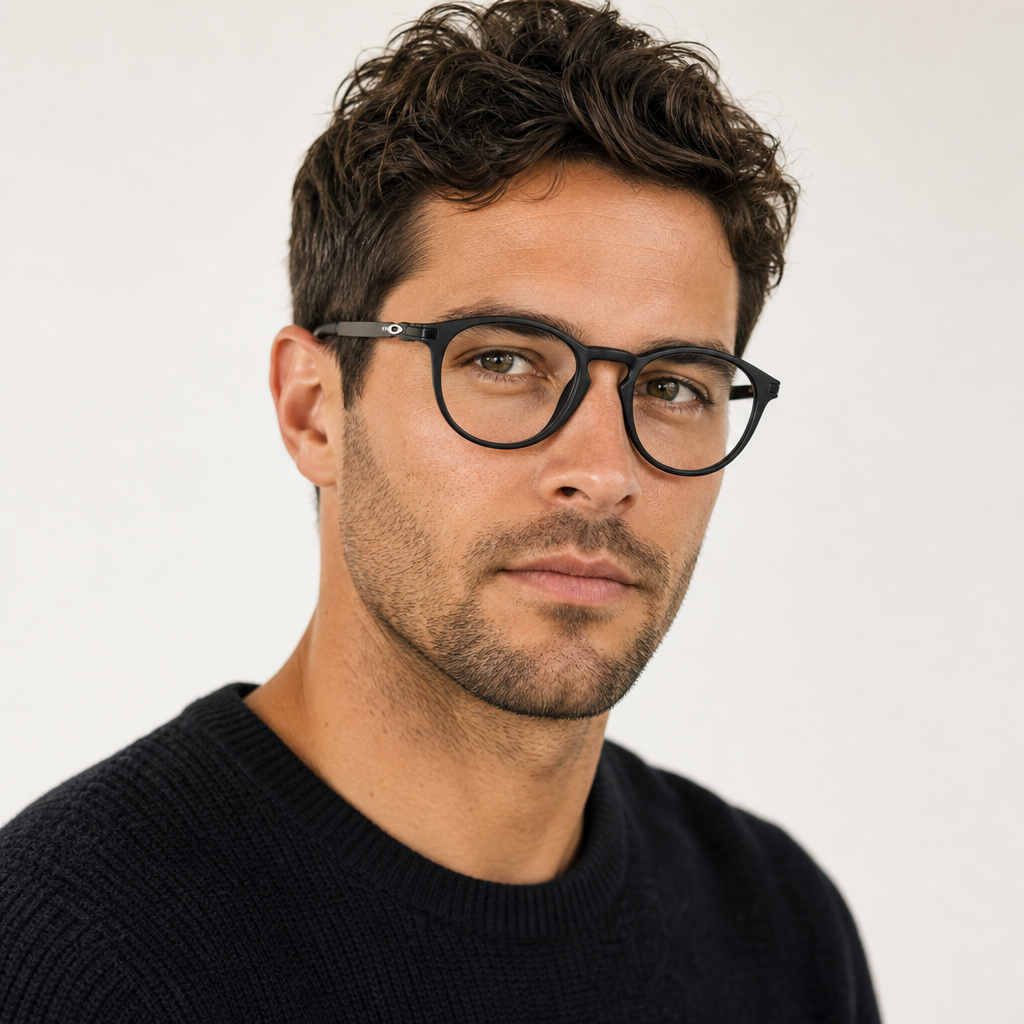 Model wearing Oakley OX8105 Pitchman R round eyeglasses - lifestyle 1