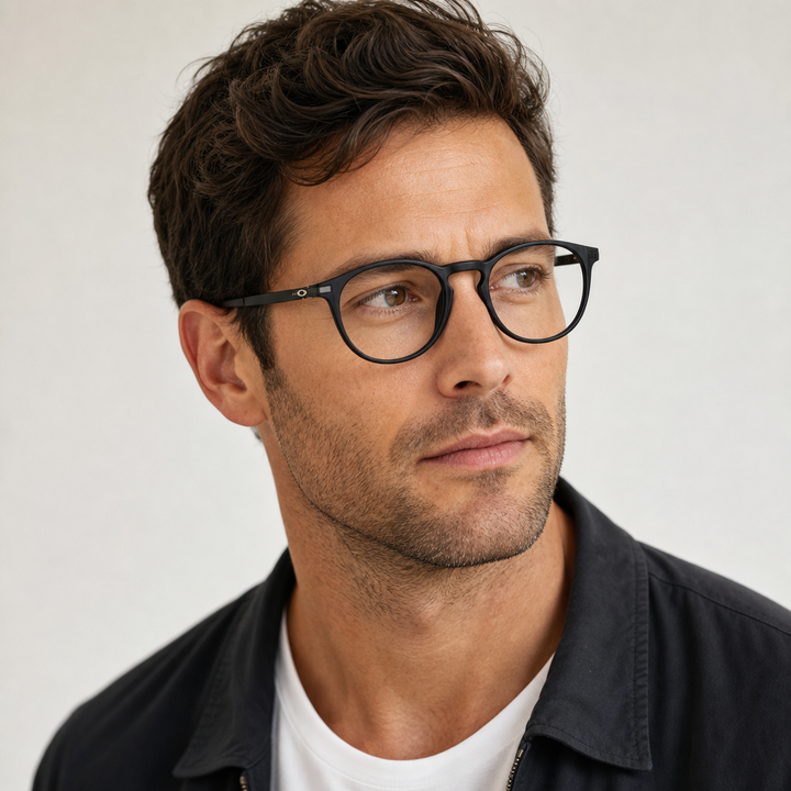Model wearing Oakley OX8105 Pitchman R round eyeglasses - lifestyle 2