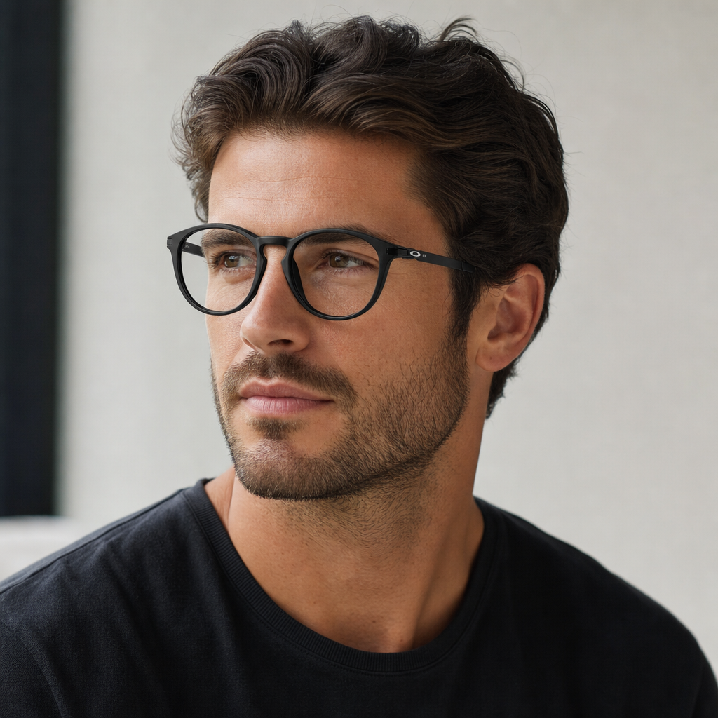 Model wearing Oakley OX8105 Pitchman R round eyeglasses - lifestyle 3