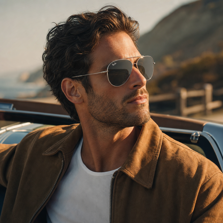 Ray-Ban RB0101S silver aviator sunglasses on male model - 3/4 angle