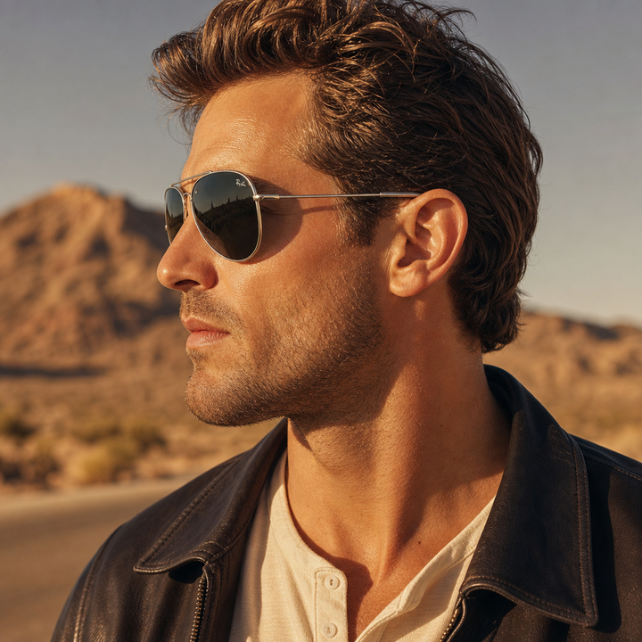 Ray-Ban RB0101S silver aviator sunglasses on male model - side profile