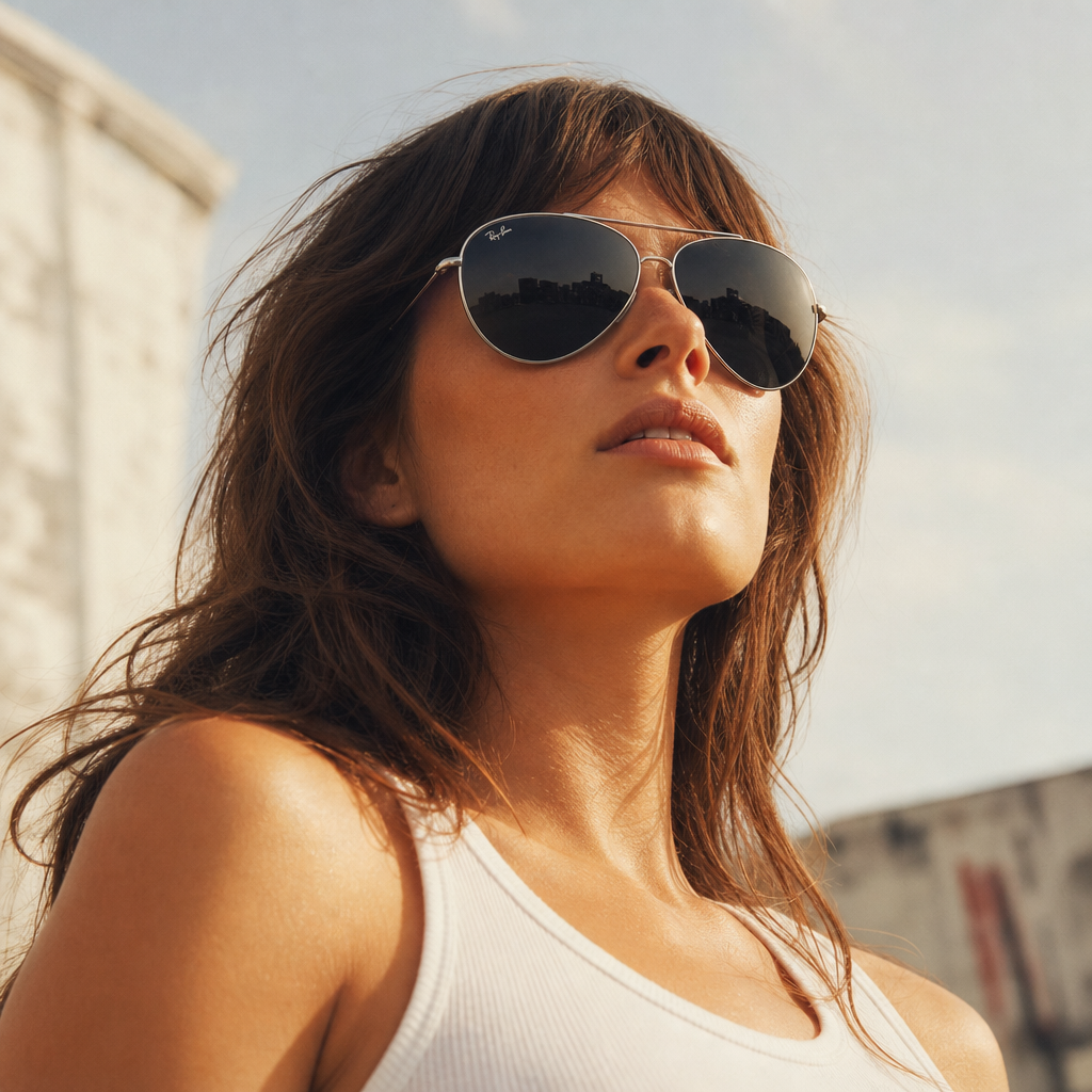 Ray-Ban RB0101S silver aviator sunglasses on female model - low angle