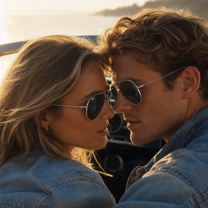 Ray-Ban RB0101S silver aviator sunglasses on couple - intimate dual portrait